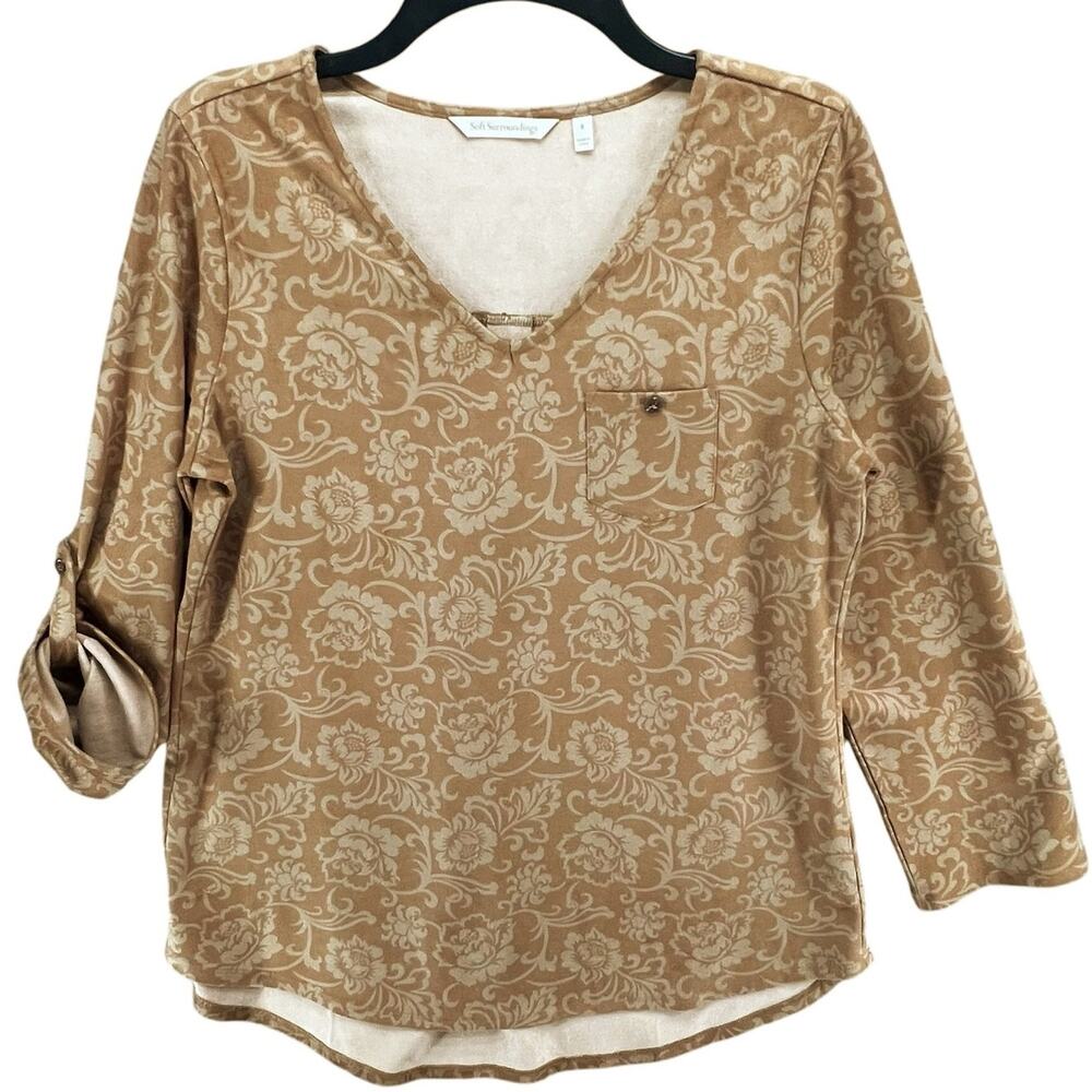 Soft Surroundings Tunic Top Womens S‎ Tan Faux Suede Floral Roll Tab Boho Chic - Picture 2 of 14